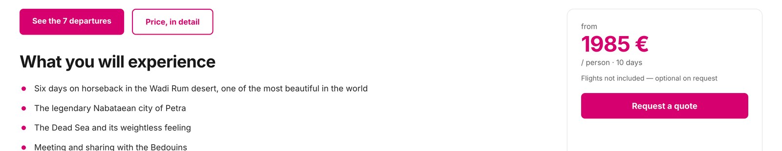 Offer block on a travel page: itinerary, from-price, quote request