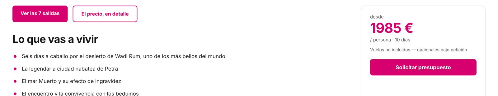 Bloque de oferta de una página de viaje: itinerario, precio desde, solicitud de presupuesto